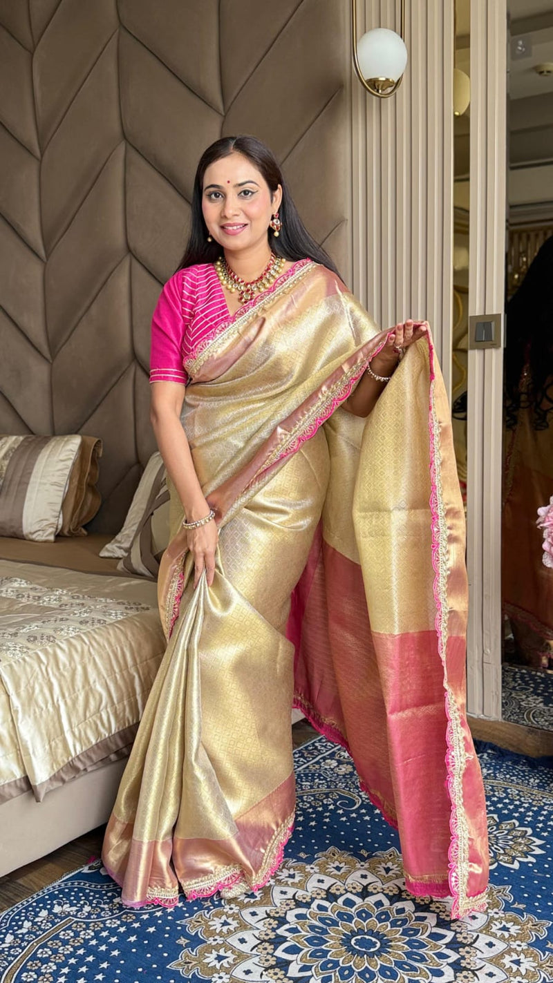 Gold soft tissue silk saree with kaju katli design rich pallu and brocade blouse