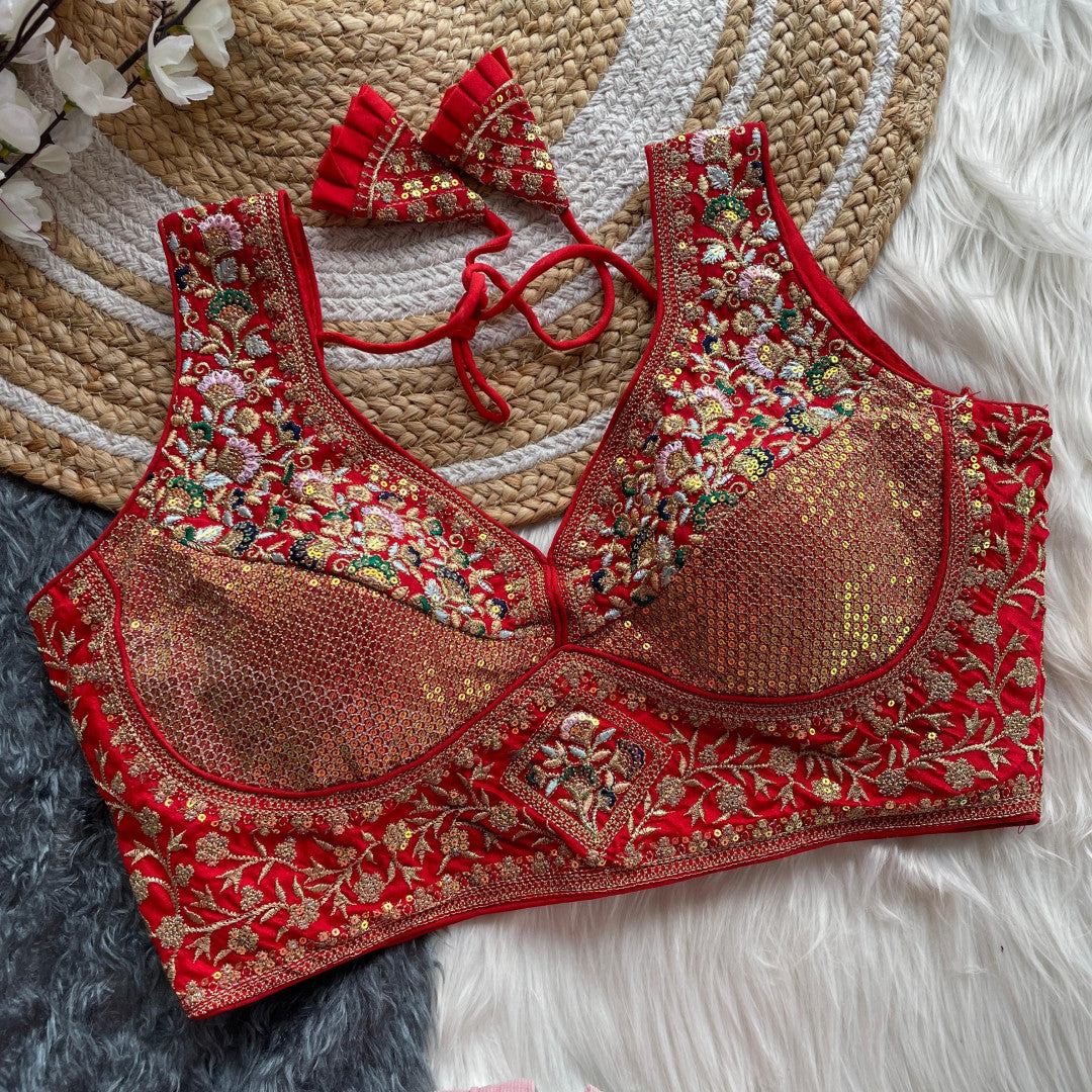Red vichitara silk readymade blouse with embroidery & sequence work