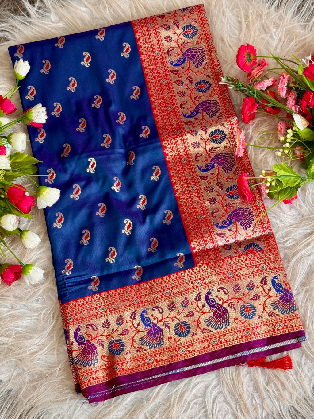 Navy blue traditional paithani silk saree with peacock zari weaving work