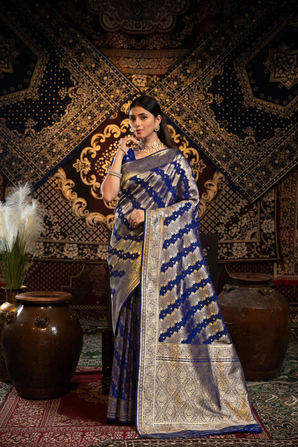 Royal blue banarasi silk saree with zari woven work