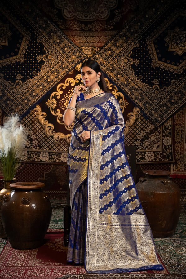 Royal blue banarasi silk saree with zari woven work