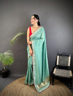 Sea green traditional blooming vichitra khadi bandhej silk saree with sequence work