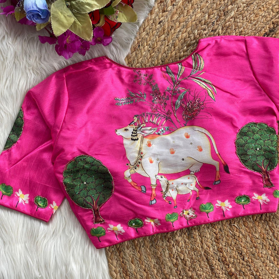 Pink silk readymade blouse with pichwai printed work