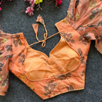 Light yellow pure organza readymade blouse with printed work