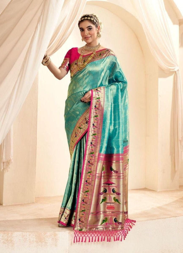 Rama green soft tissue paithani silk saree with zari weaving work