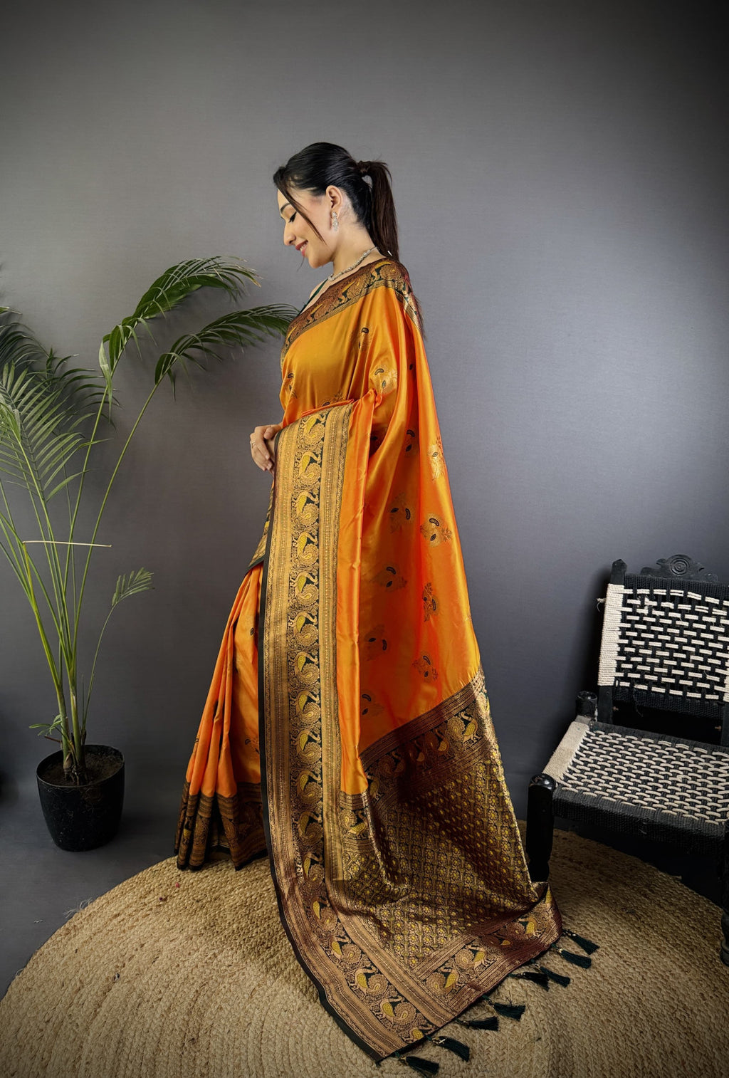 Orange traditional banarasi silk saree with zari weaving work
