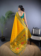Yellow colour paithani silk saree with zari weaving work