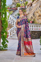 Navy blue color banarasi silk saree with zari weaving work