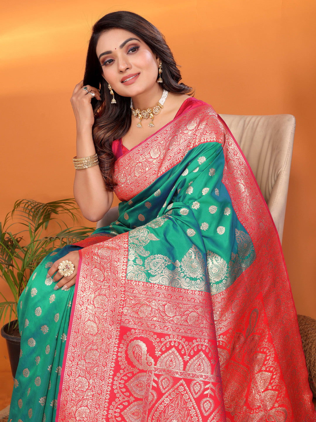 Rama green traditional banarasi silk saree with zari weaving work