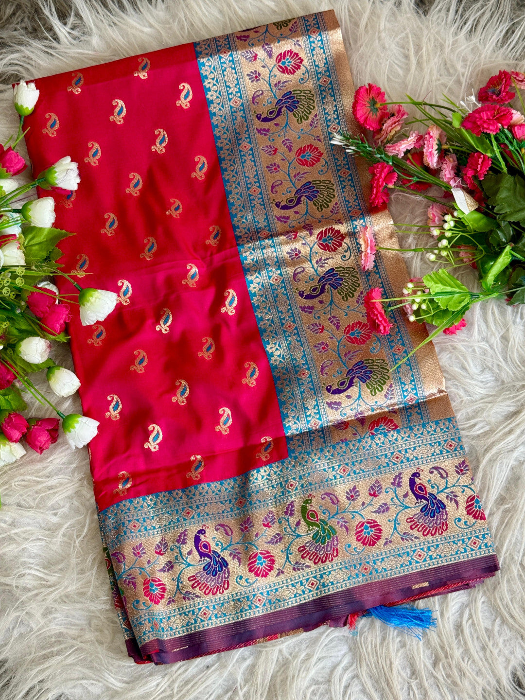Rani pink traditional paithani silk saree with peacock zari weaving work