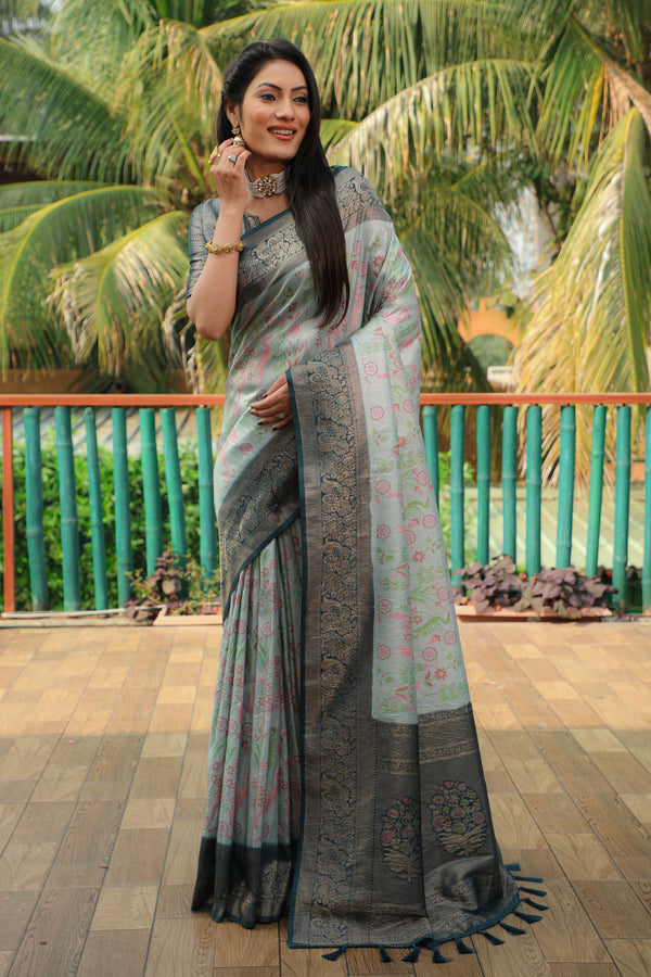 Sky blue color kanjivaram silk saree with zari weaving work