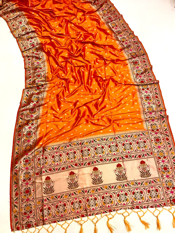 Orange color paithani silk saree with zari weaving work
