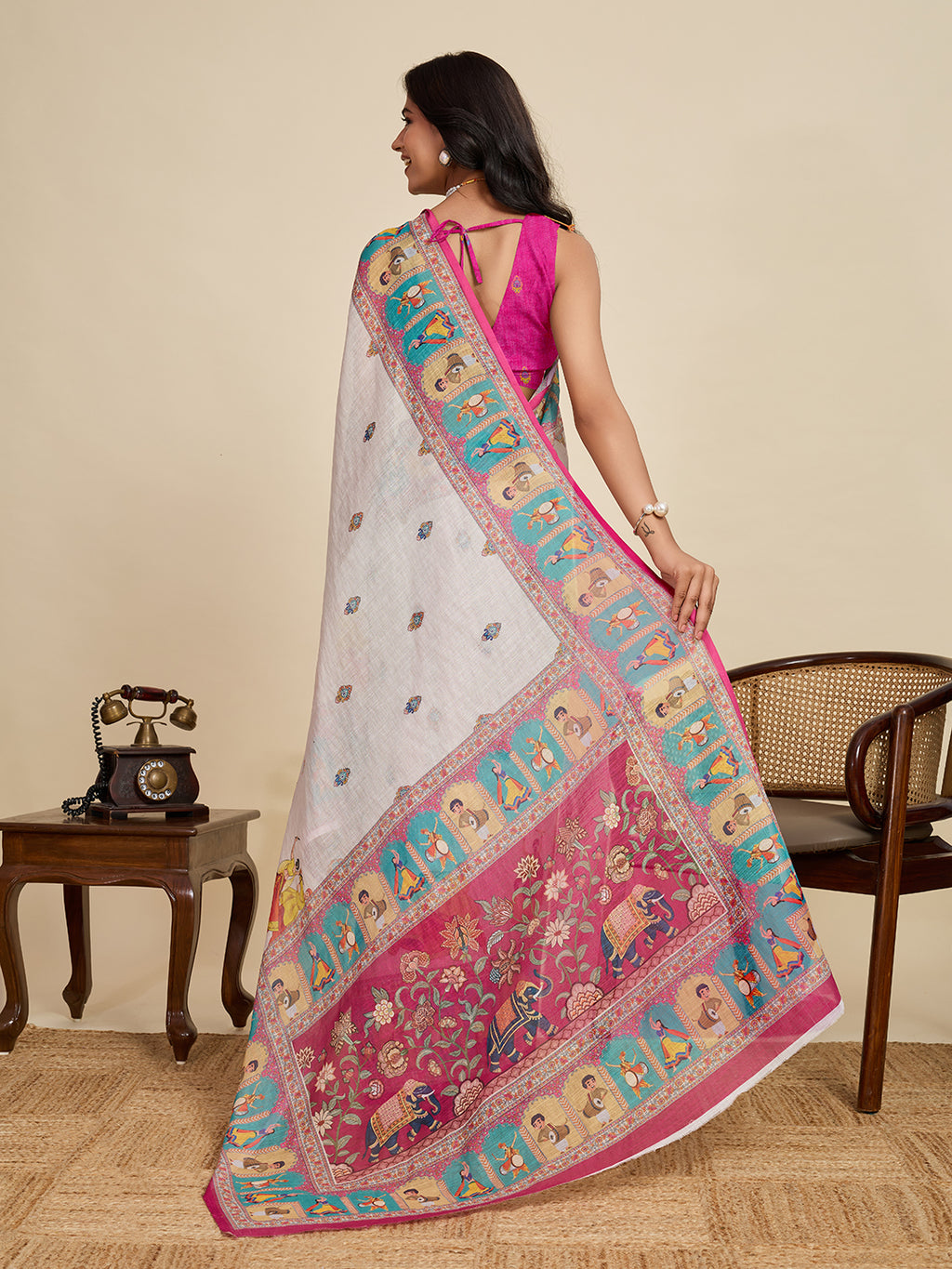Off white linen cotton saree with digital printed work and silver zari border