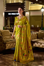 Traditional parrot green paithani silk saree with zari weaving work