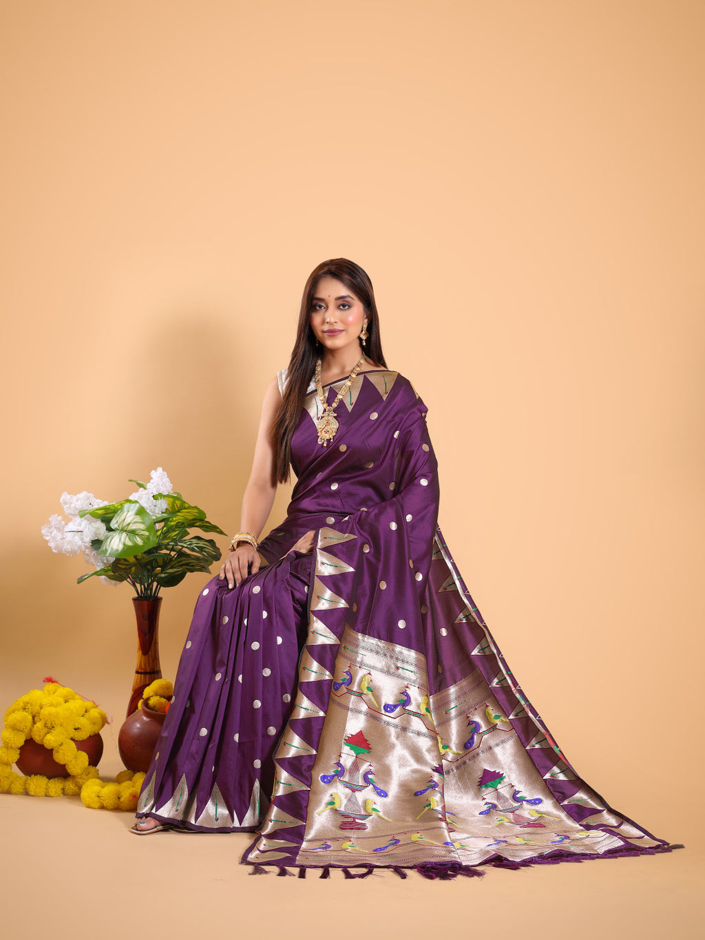 Magenta color paithani silk saree with zari weaving work