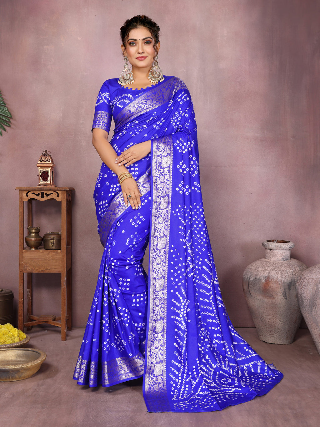 Royal blue colour hand bandhej bandhani saree with zari weaving work