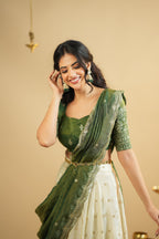 Off white Pure Crepe Silk Lehenga with 5 Meter Flair & Shimmer Silk Blouse