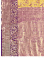 Yellow kanjivaram silk saree with zari weaving work and big border