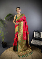 Rani pink traditional banarasi silk saree with zari weaving work