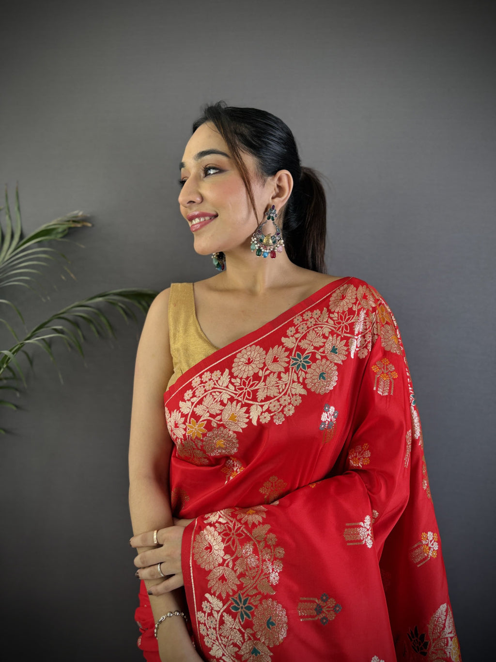 Red premium banarasi silk saree with meenakari zari weaving work