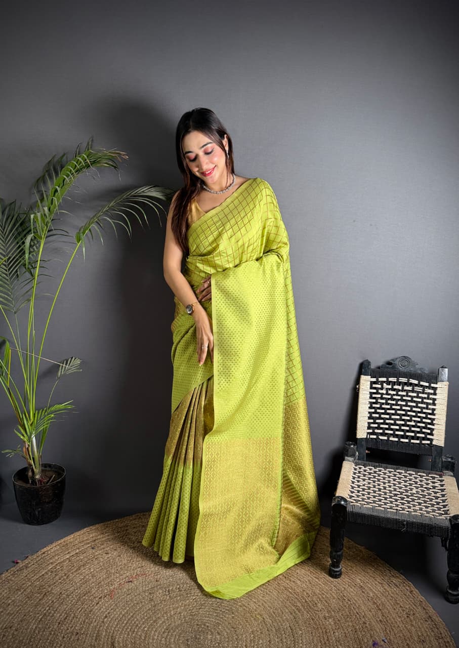 Parrot green color banarasi silk saree with zari weaving work