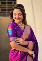 Magenta traditional paithani silk saree with zari weaving work