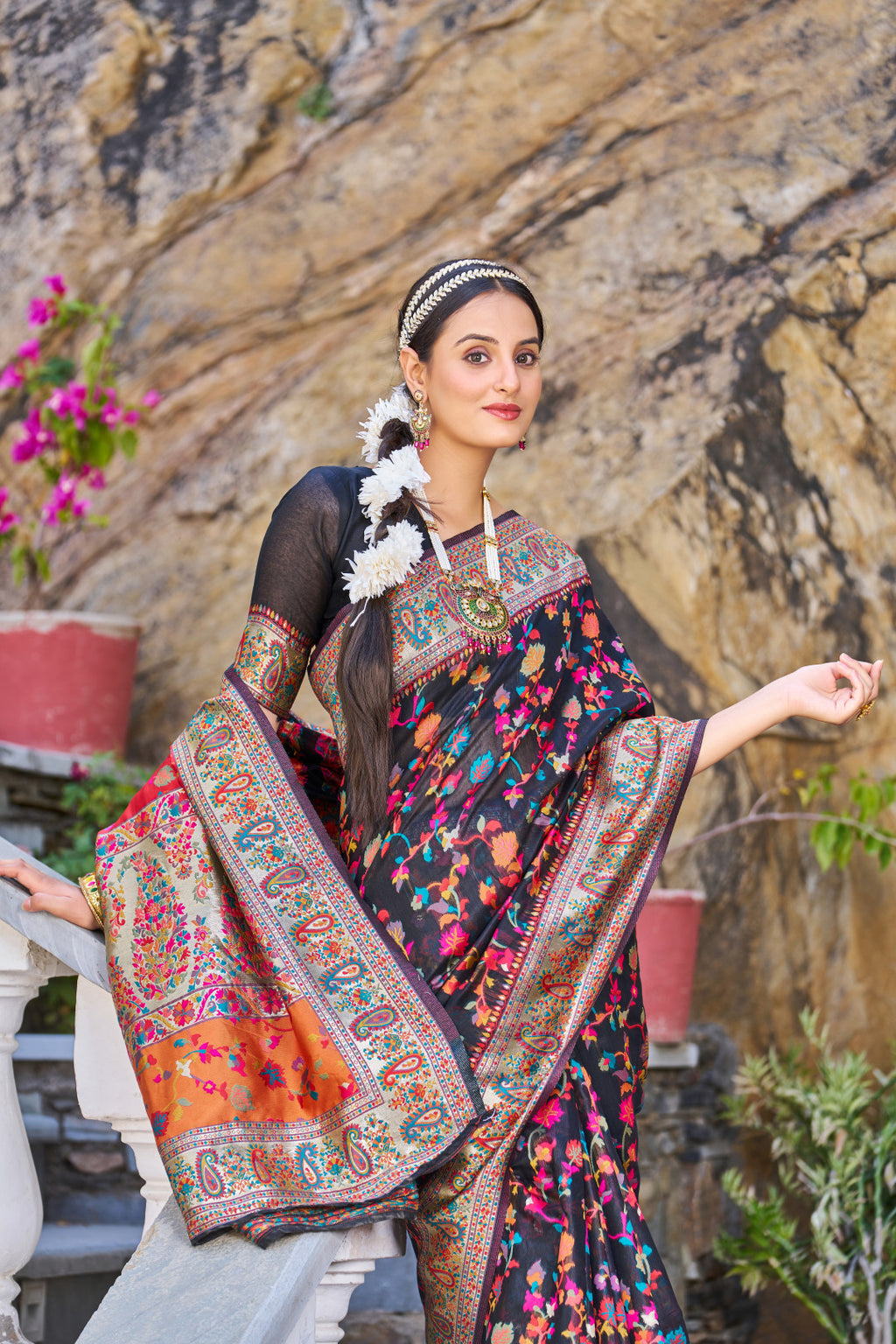 Black color banarasi silk saree with zari weaving work