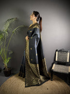 Gray color banarasi silk saree with zari weaving work