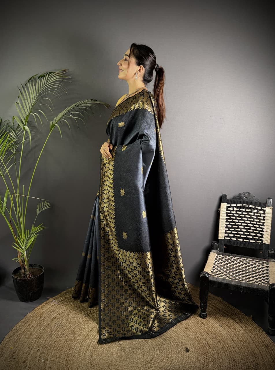 Gray color banarasi silk saree with zari weaving work