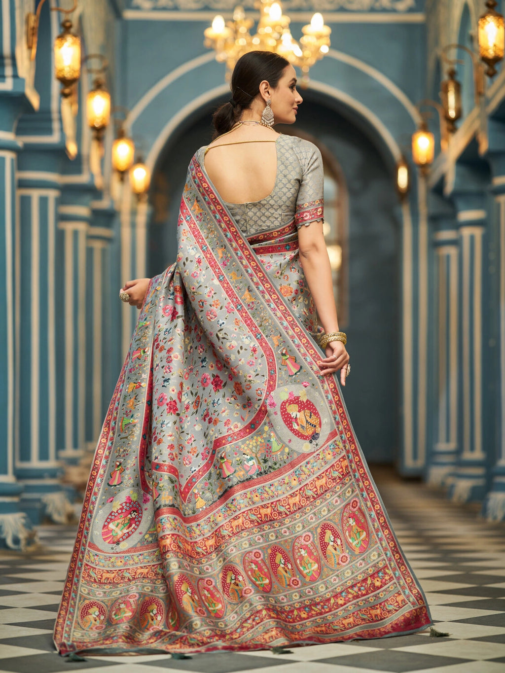 Gray exclusive pure pashmina silk saree with woven design