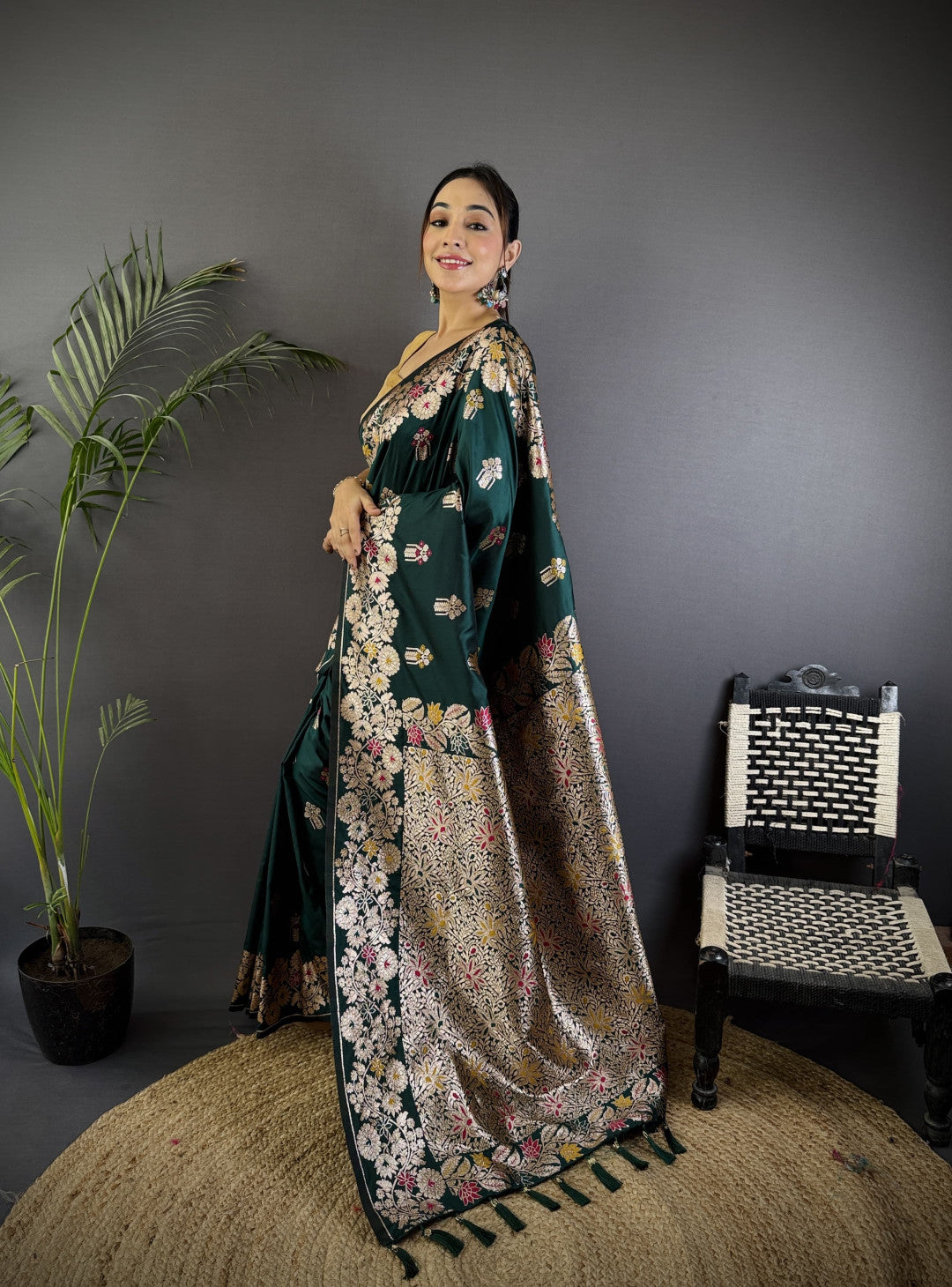 Dark green premium banarasi silk saree with meenakari zari weaving work