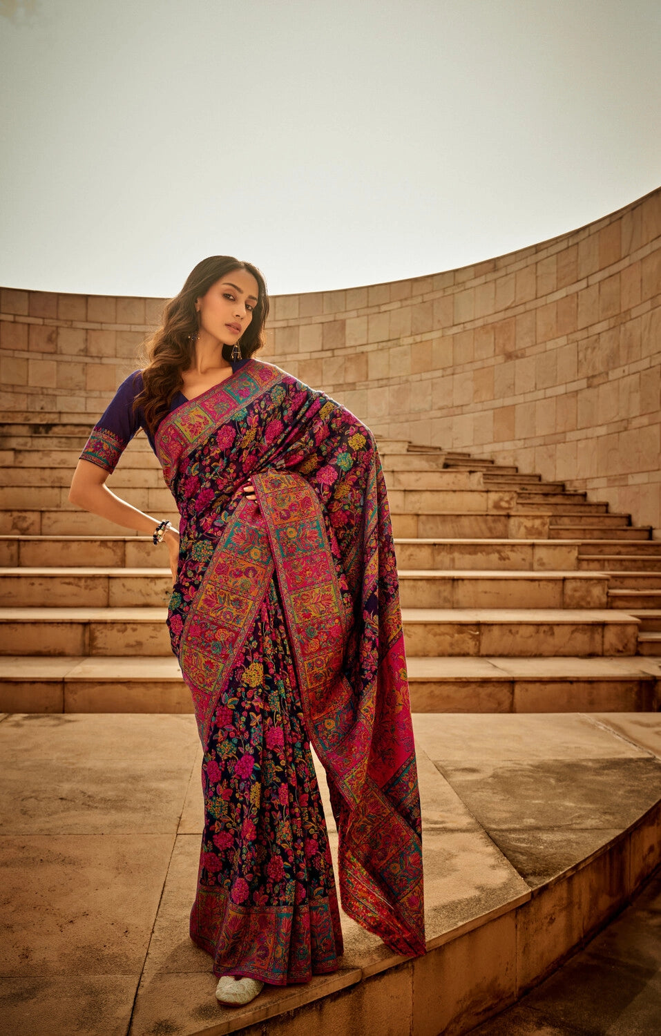 Blue traditional pashmina cotton saree with woven design
