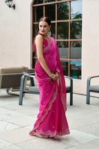 Pink fancy shimmer chiffon saree with embroidery work