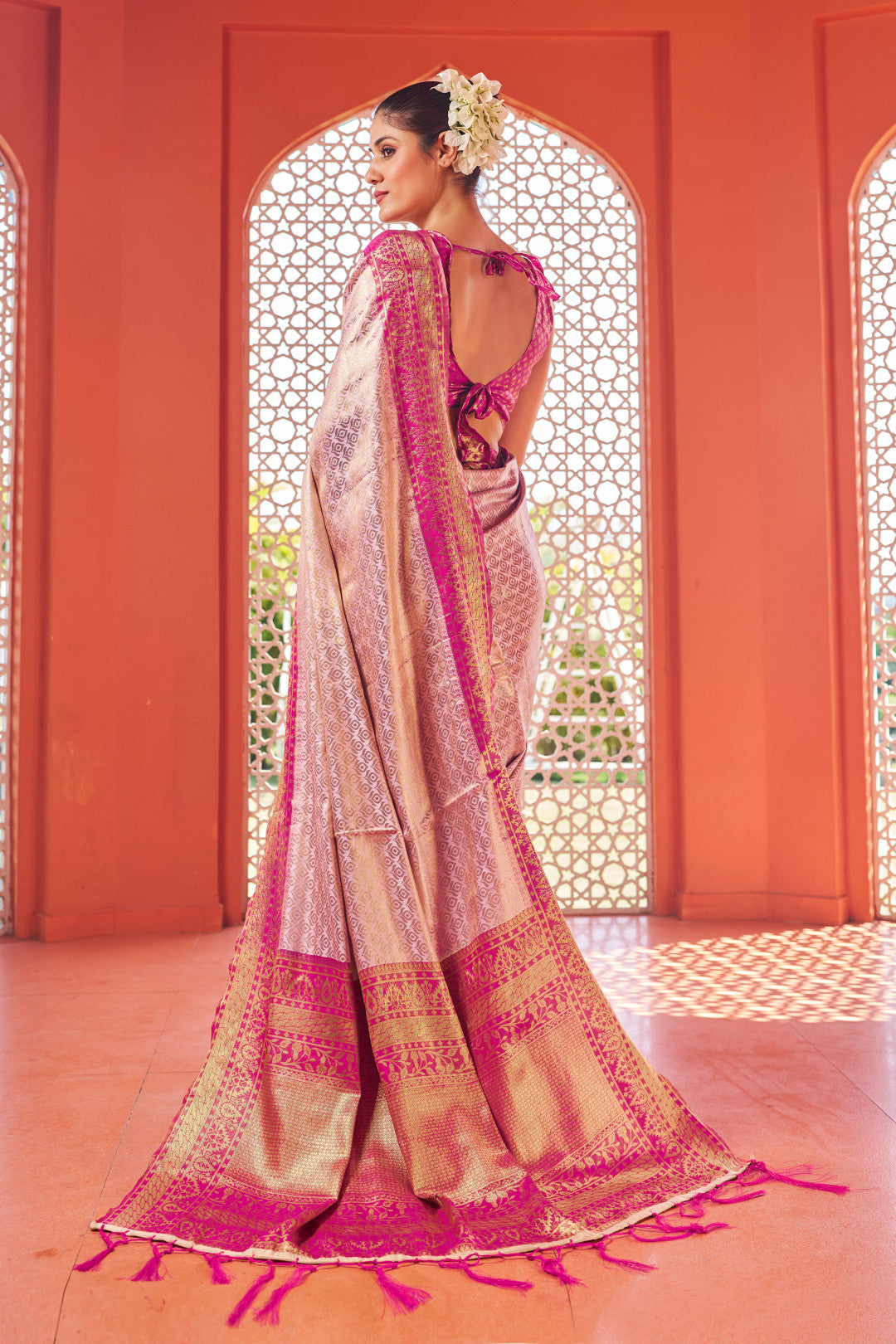 Pink color soft kanjivaram silk saree with zari weaving work