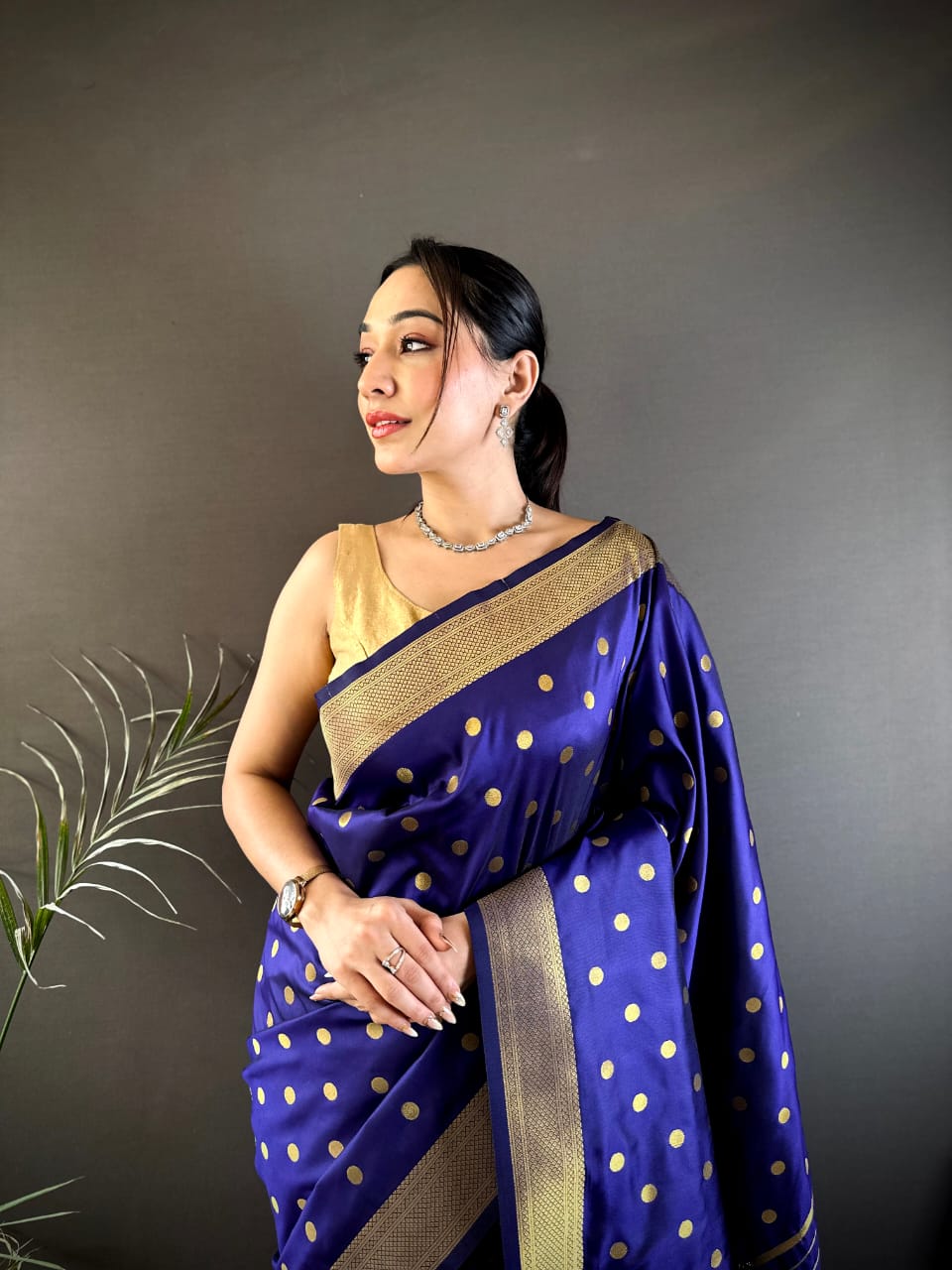 Navy blue traditional paithani silk saree with zari weaving work