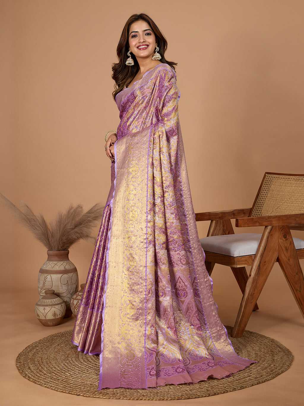 Light lavender kanjivaram silk saree with zari weaving work