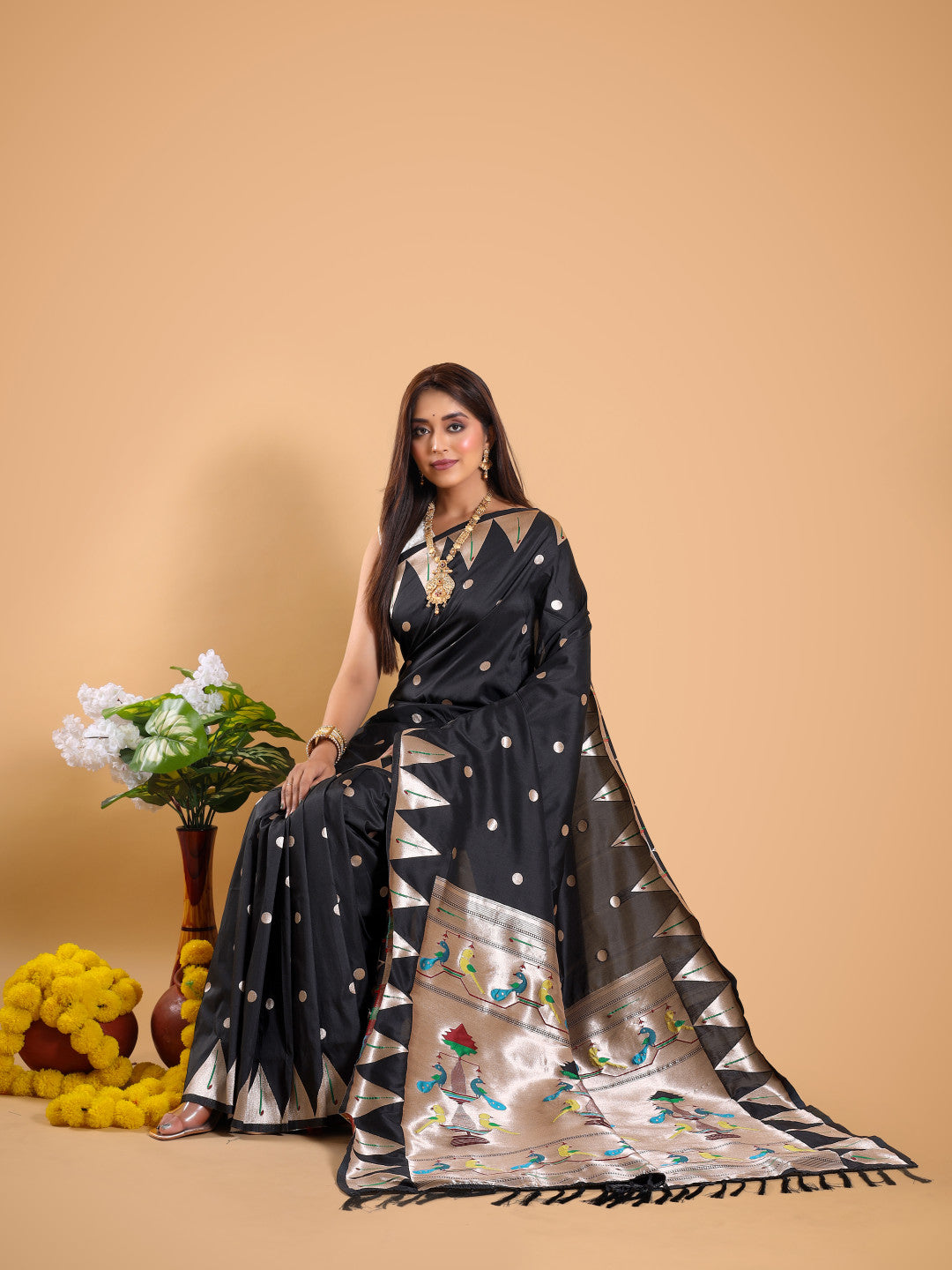 Black color paithani silk saree with zari weaving work