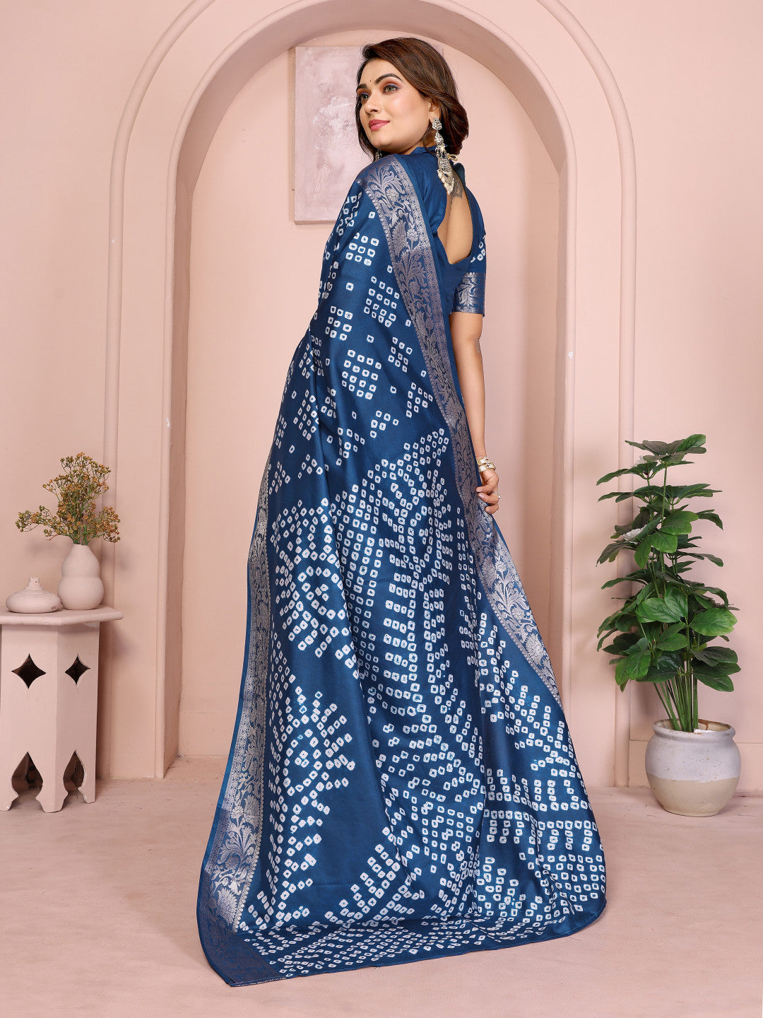 Firoji colour hand bandhej bandhani saree with zari weaving work