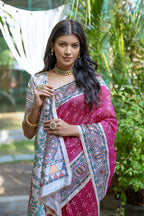 Pink color tussar silk saree with madhubani printed work