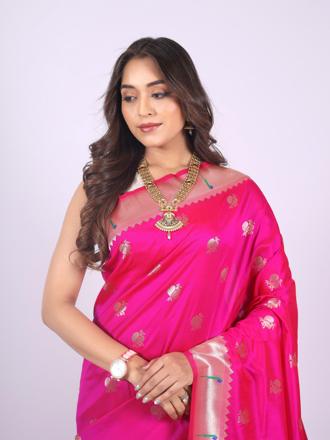 Pink color paithani silk saree with zari weaving work