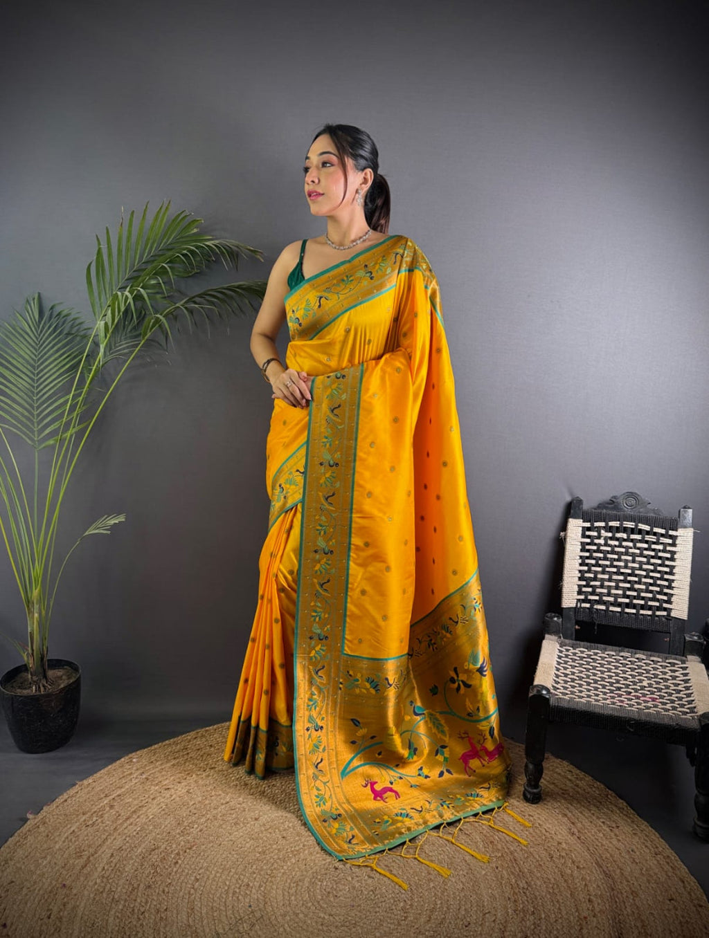 Yellow colour paithani silk saree with zari weaving work