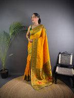 Yellow colour paithani silk saree with zari weaving work