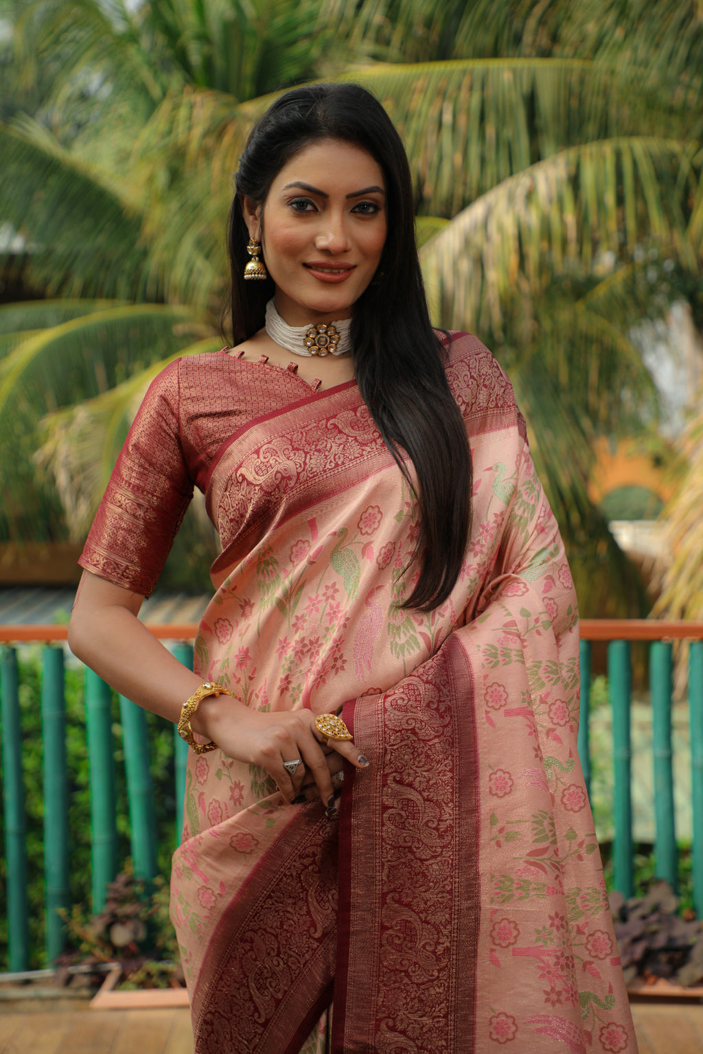 Peach color kanjivaram silk saree with zari weaving work