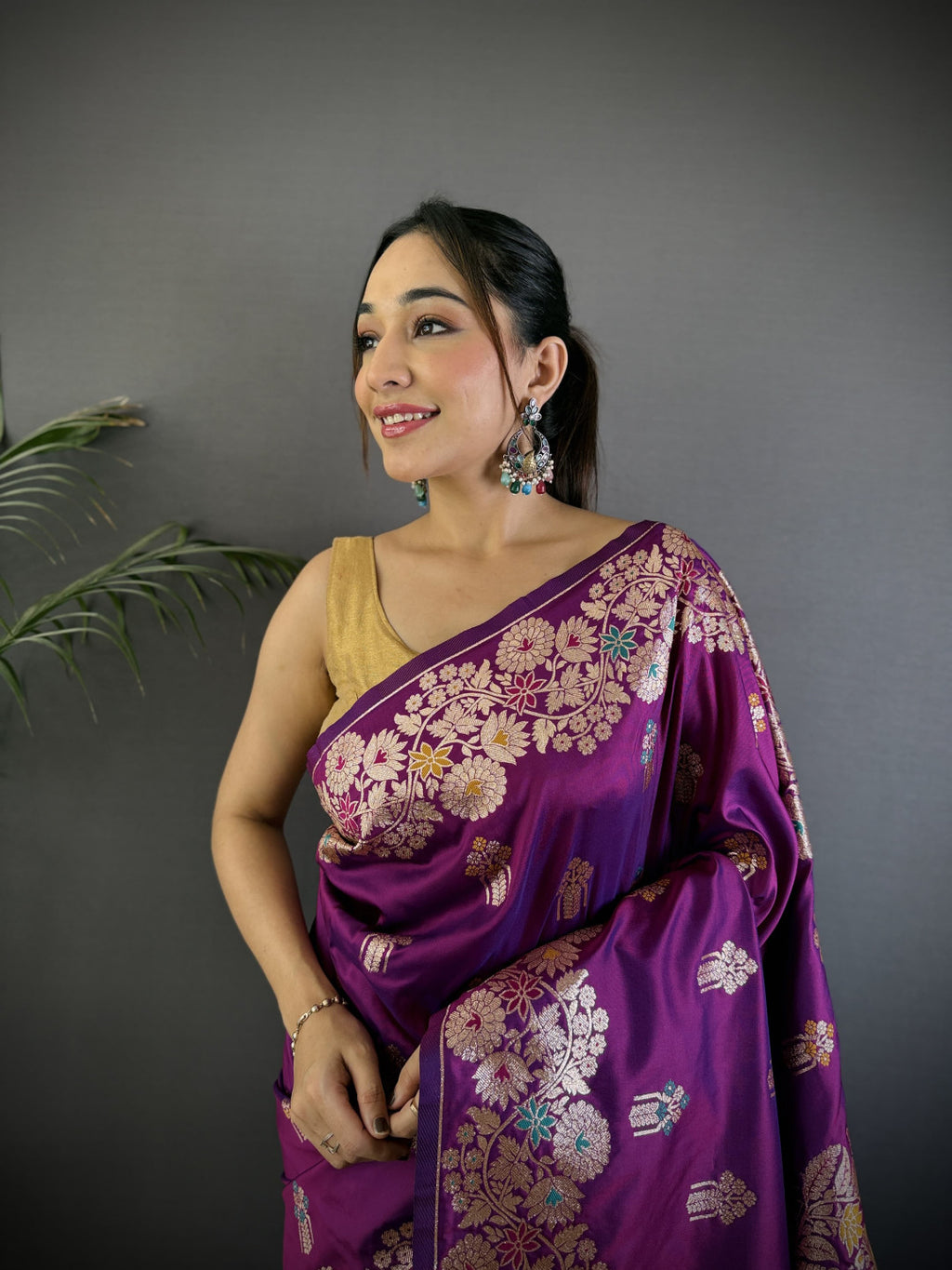 Purple premium banarasi silk saree with meenakari zari weaving work