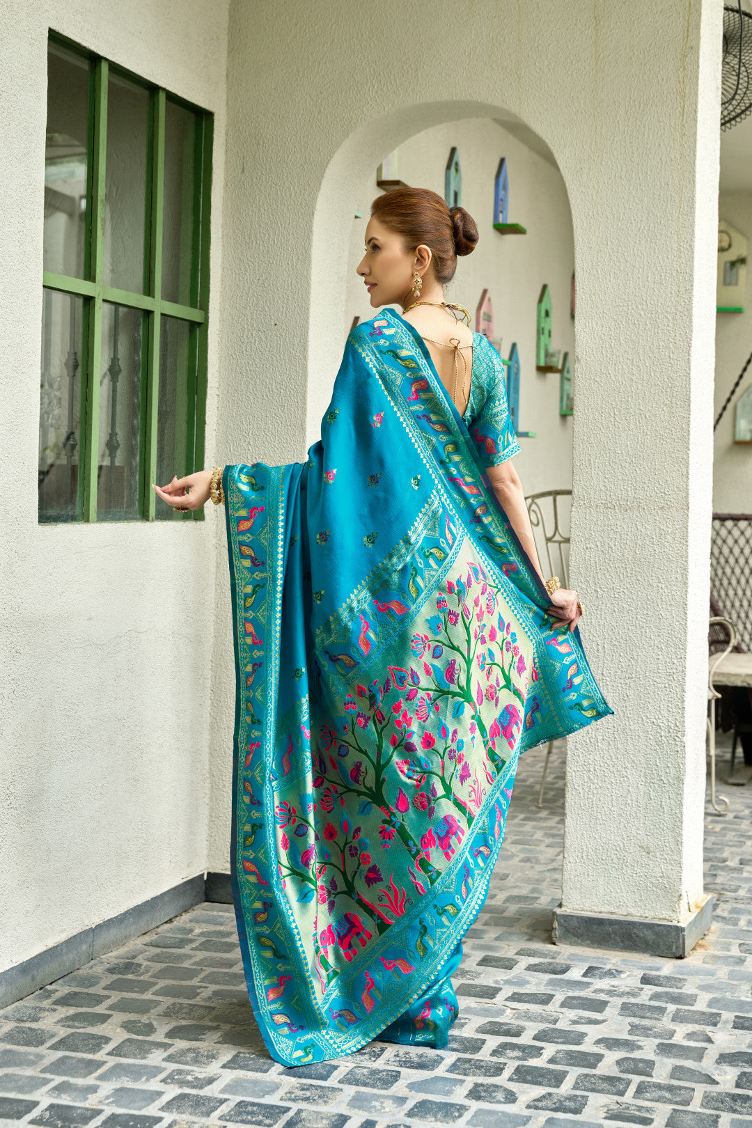 Traditional firoji paithani silk saree with zari weaving work