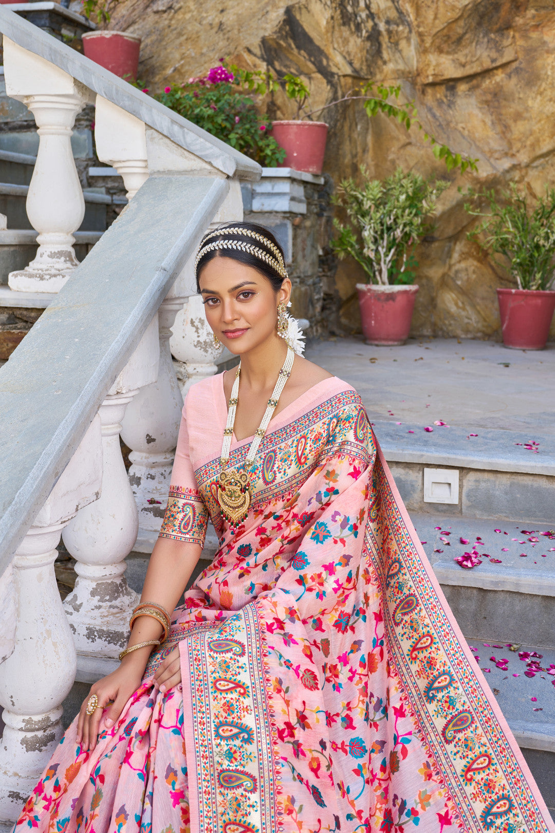 Baby pink color banarasi silk saree with zari weaving work