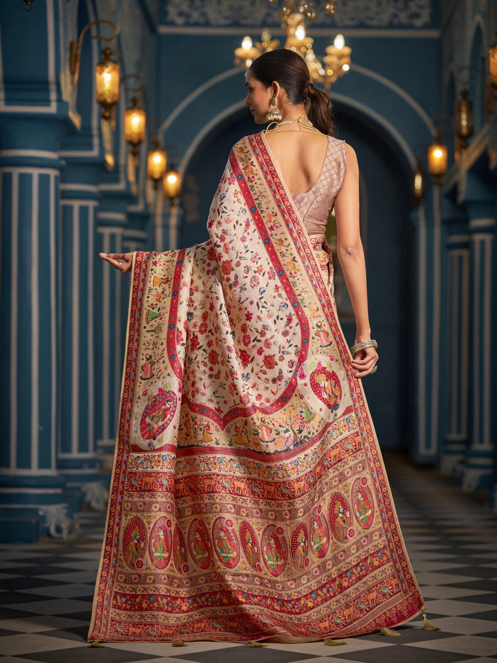 Beige exclusive pure pashmina silk saree with woven design