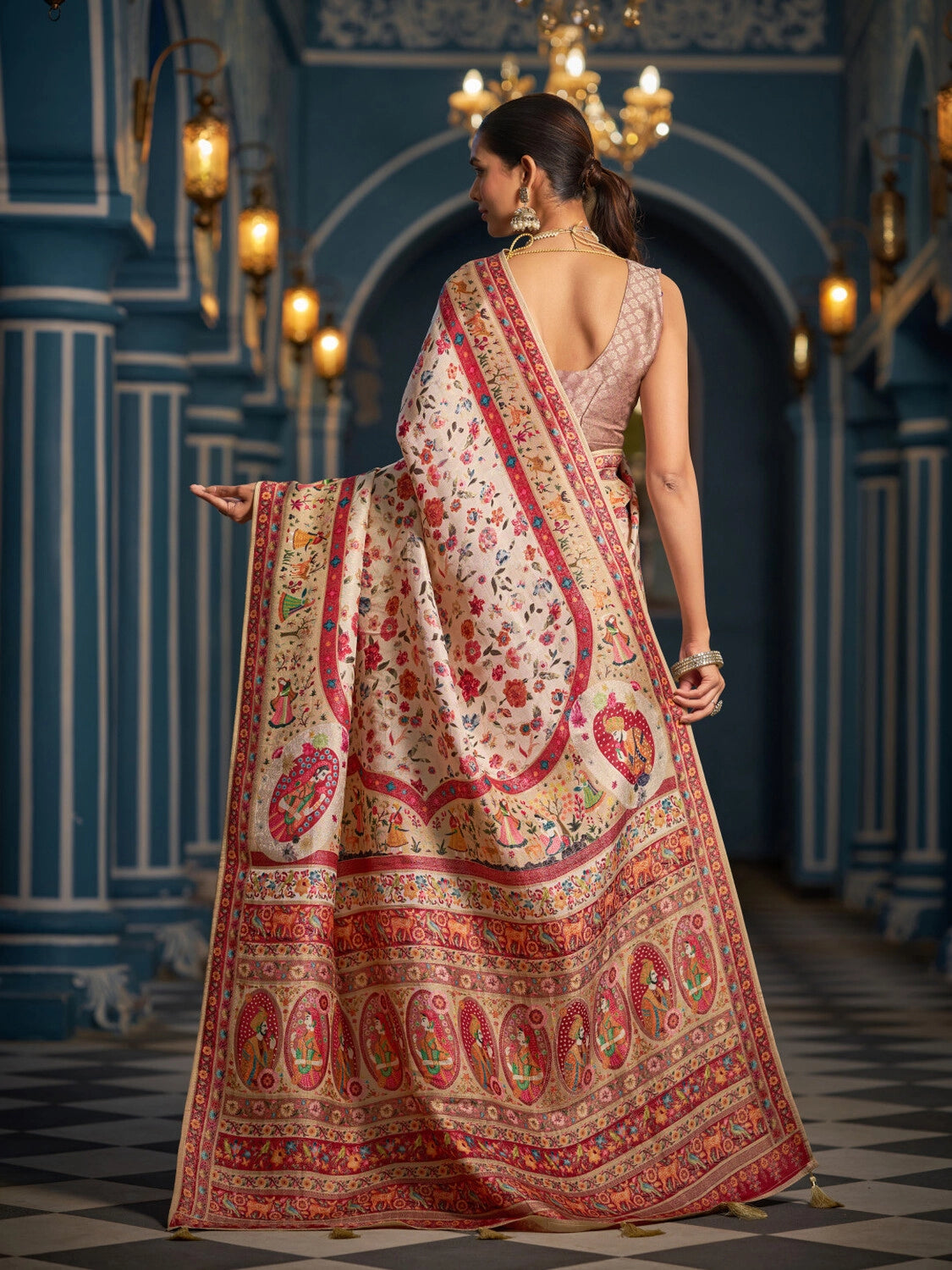Beige exclusive pure pashmina silk saree with woven design