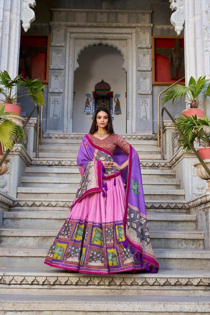 Baby pink color tussar silk lehenga with meenakari printed work