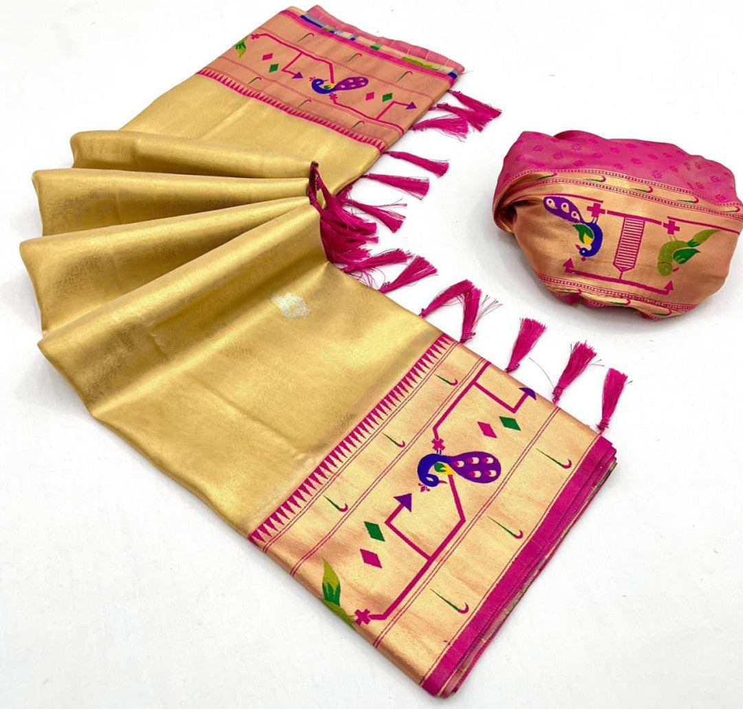 Off white soft tissue paithani silk saree with zari weaving work